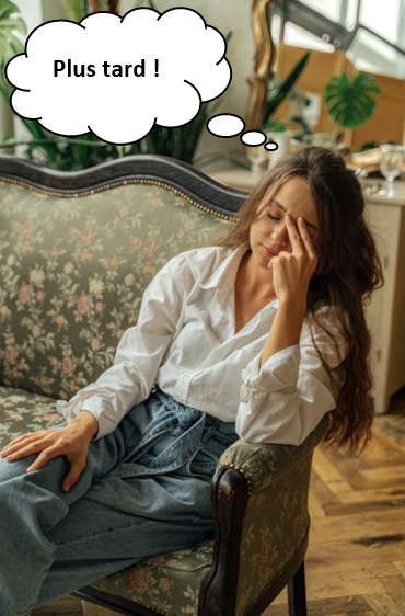 Le coût de la procrastination, énergie, fatigue, charge mentale, Coaching professionnel individuel et collectif, culpabilité, émotions, syndrome de l'imposteur, perfectionnisme,