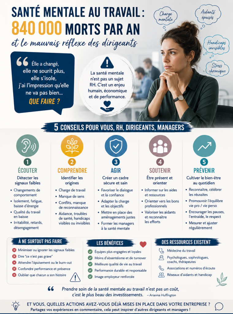 Santé mentale au travail, dirigeants, managers, Charge mentale, Coaching professionnel individuel et collectif, émotions, poser ses limites, burn out